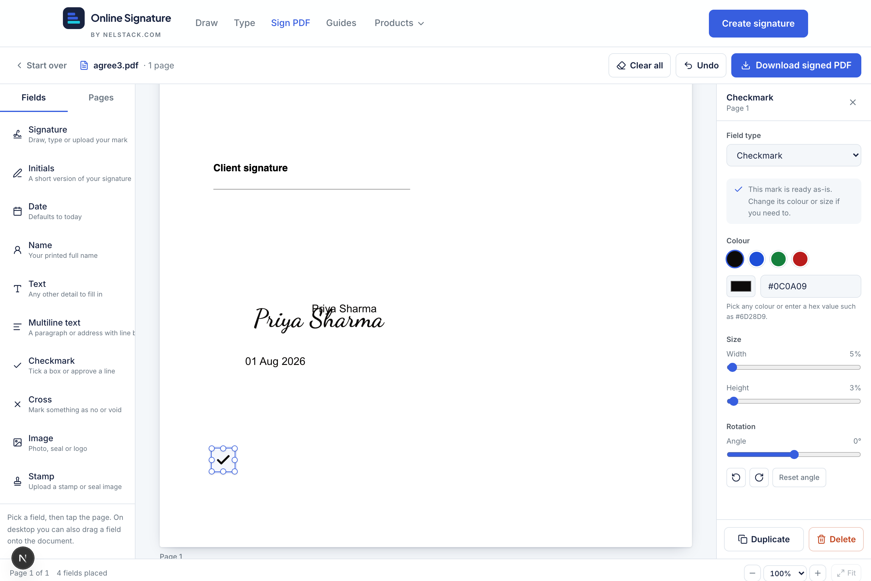 PDF page showing multiple Sign PDF field types placed together.