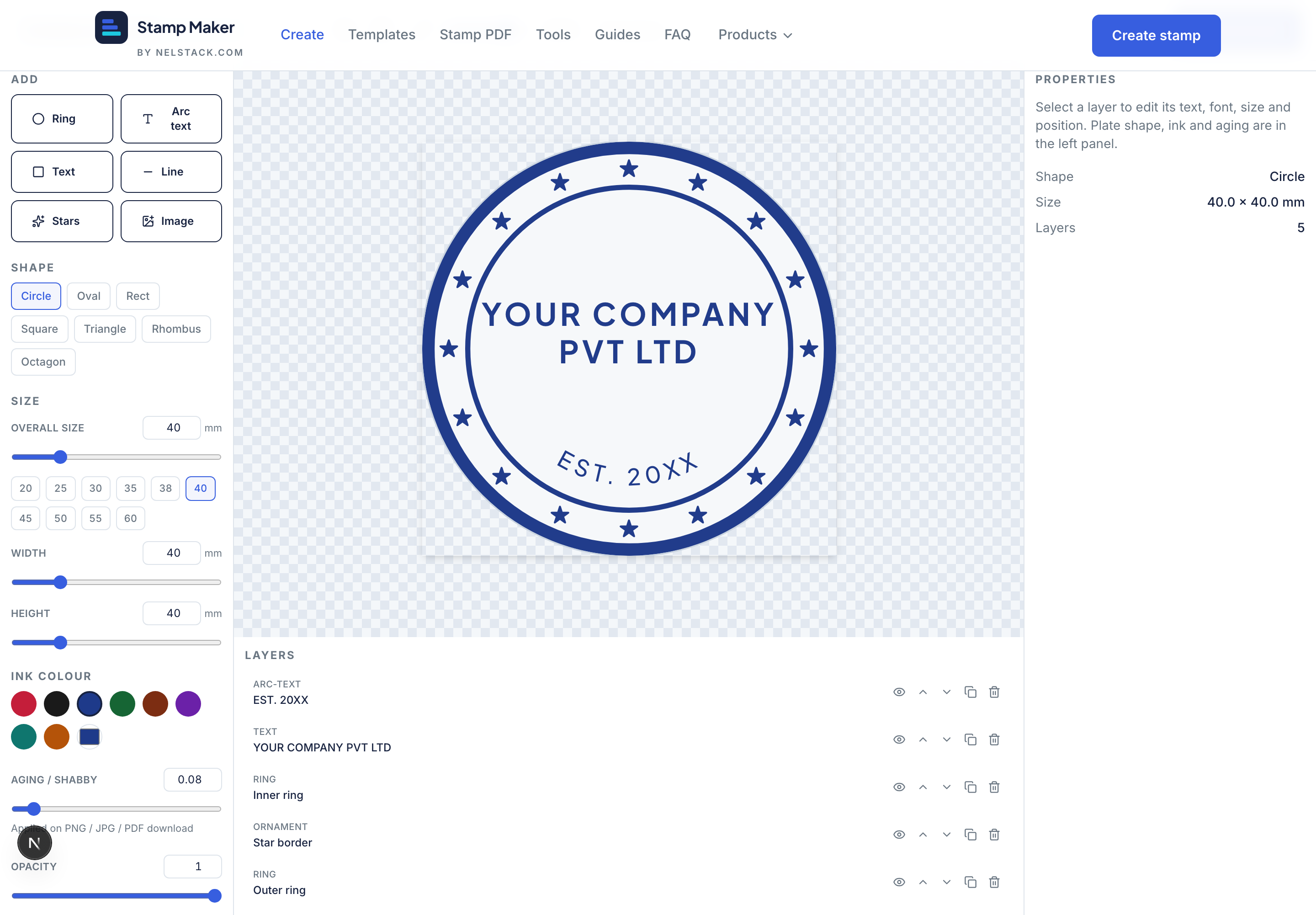 A detailed multi-ring seal in the editor with curved text, a logo and separators.