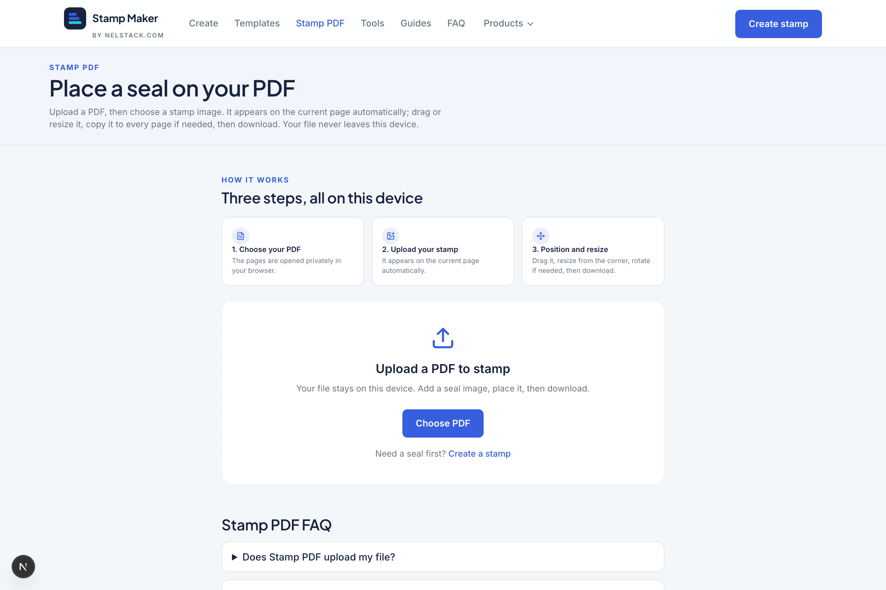 The Stamp PDF start screen with a three-step guide and an upload button.