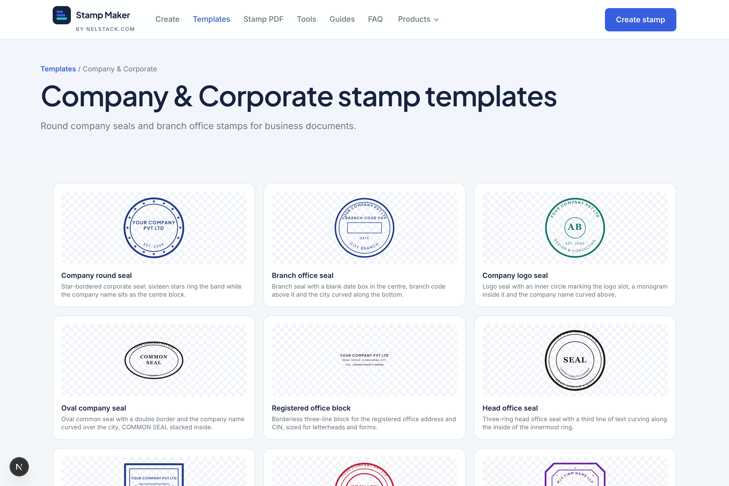 A single template category page showing filtered stamp designs.